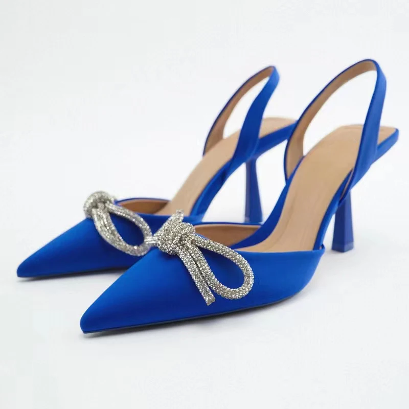 

Модные женские синие туфли-лодочки на высоком каблуке с ремешком на пятке, вечерние классические туфли с кристаллами и бантом, женские пикантные сандалии на шпильке с острым носком