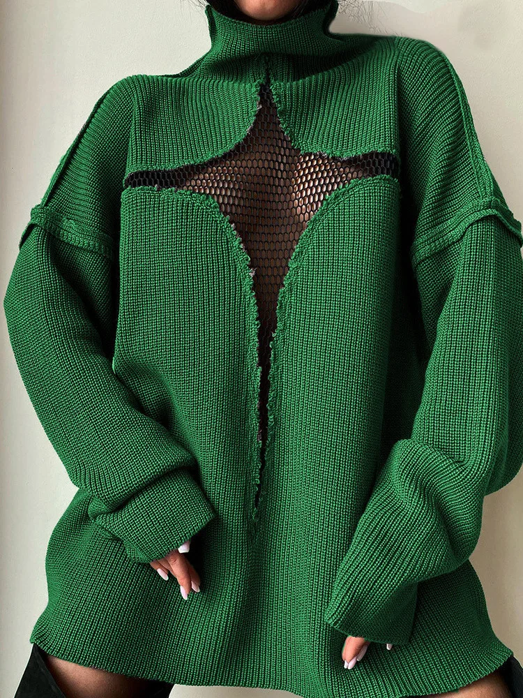 Женский вязаный свитер с длинным рукавом, Свободный пуловер с вырезами и высоким воротником, однотонный винтажный сетчатый теплый джемпер большого размера для зимы