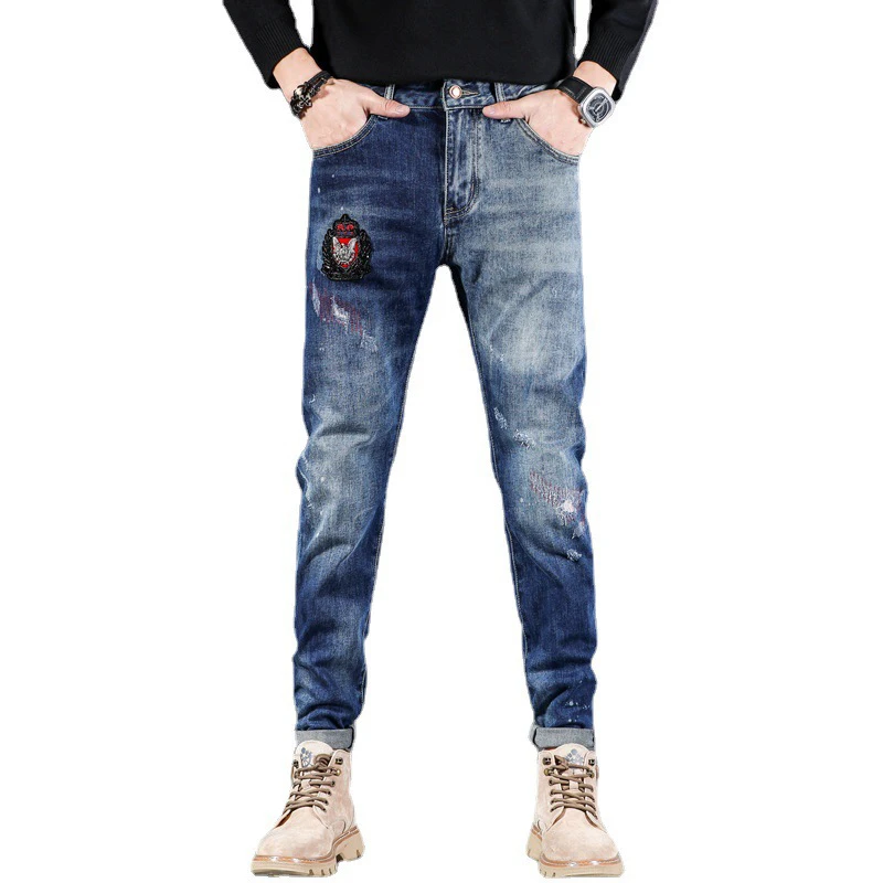 EH·MD® Micro Chapter Embroidered Jeans Men's Four Seasons Color Pants Legs Ink Splashed Cotton Cat Beard Slim Fit Elastic New 22