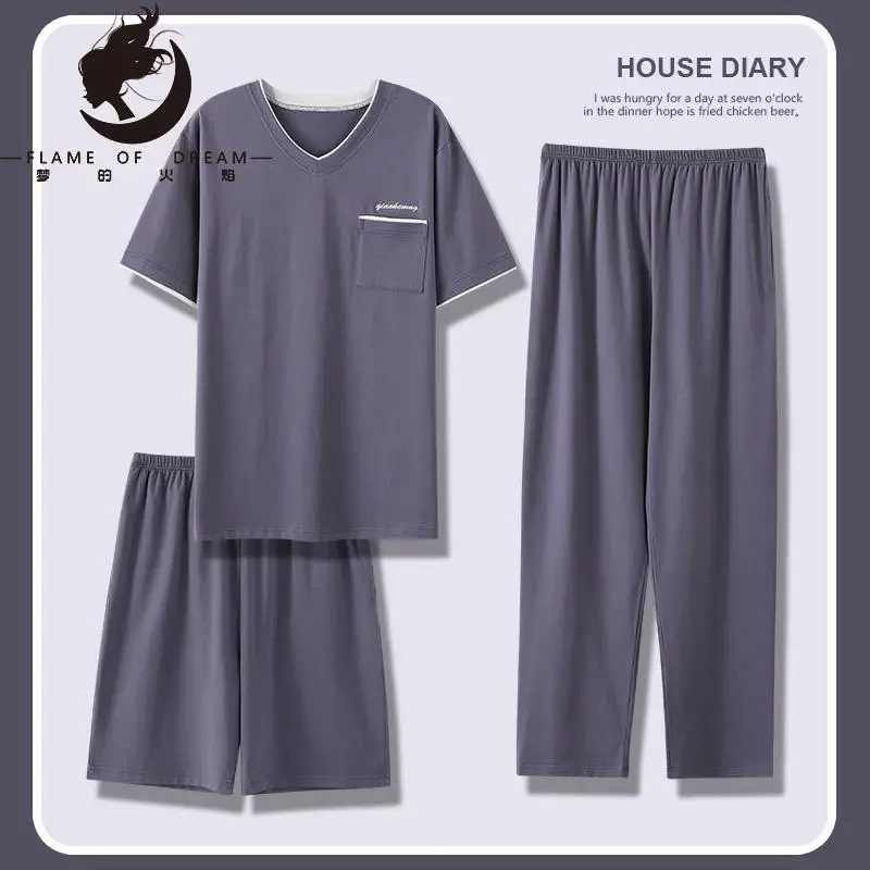 Flame of dreamThree Piece Pajamas Men's Modal Short Sleeve Pants  Plus Size Men's Cotton Spring Summer Home Clothes 221403