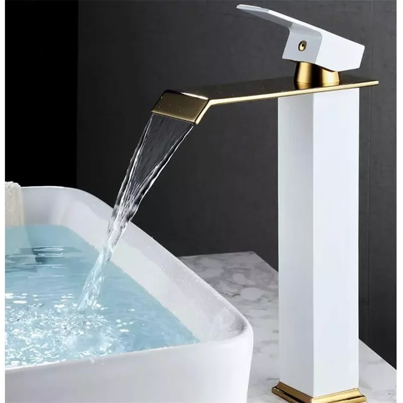 

Basin Faucet Gold and White Waterfall Faucet Brass Bathroom Faucet Bathroom Basin Faucet Mixer Tap Hot and Cold Sink faucet