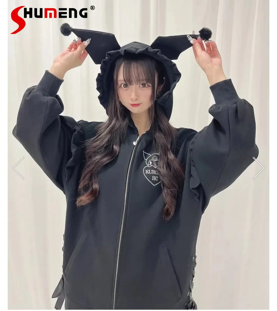 Japanese Style Cute Girl Black Hooded Sweatshirt 2023 Spring New Kawaii Women Lace Patchwork Long Sleeve Printing Zipper Hoodies