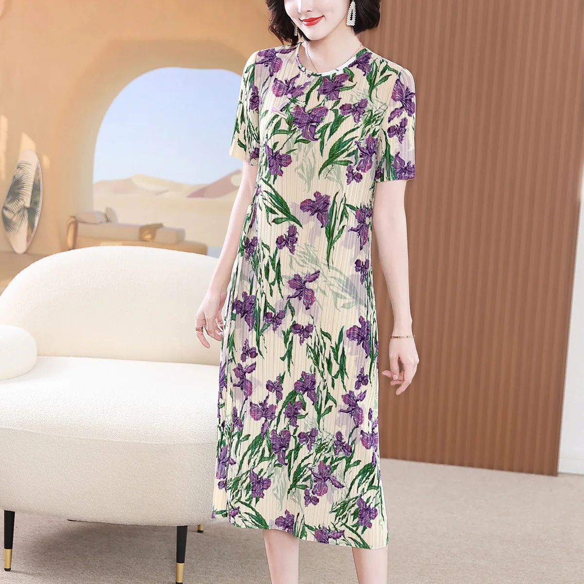 

Miyake Pleated Dress Fashion Print Women O Neck Short Sleeve Buttons Belt New Summer 2023 A Line Loose Vintage Style Dress Women