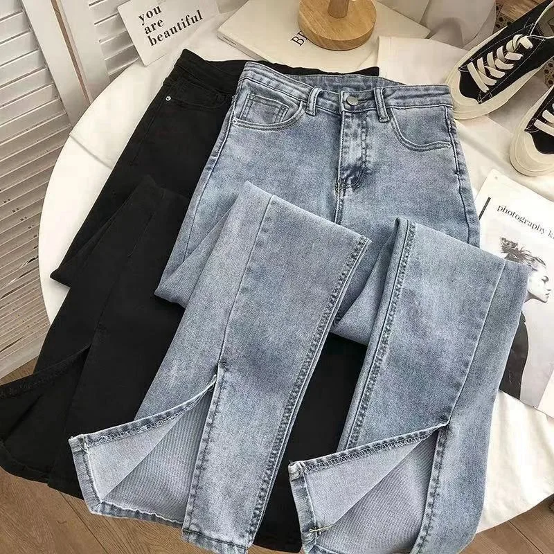 2022 Women Streetwear Elastic Denim Flare Pants High Waist Vintage Jeans Woman Chic Bell Bottom Jeans Female Split Denim Pants