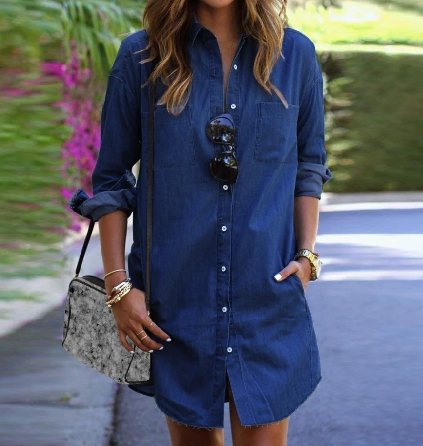 Женская джинсовая куртка повседневная однотонная однобортная длинная из денима