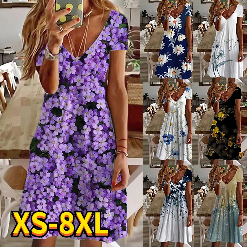 

Женское платье с V-образным вырезом, красное, темно-синее, светильник-синее платье с коротким рукавом и цветочным принтом, весна-лето 2022