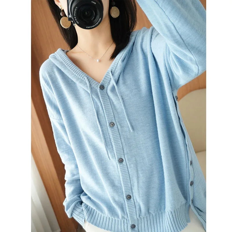 

Осенний вязаный кардиган с капюшоном, Женский однобортный свободный свитер, пальто, однотонный хлопковый женский короткий спереди, длинный...