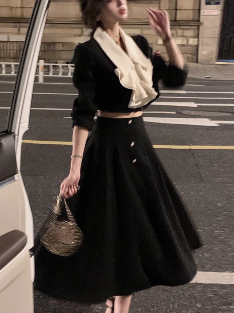 Elegant 2 Piece Dress Set Women Long Sleeve Crop Tops + Casual Black Midi Skirt 2022 Autumn Slim Retro Office Lady Korean Suits