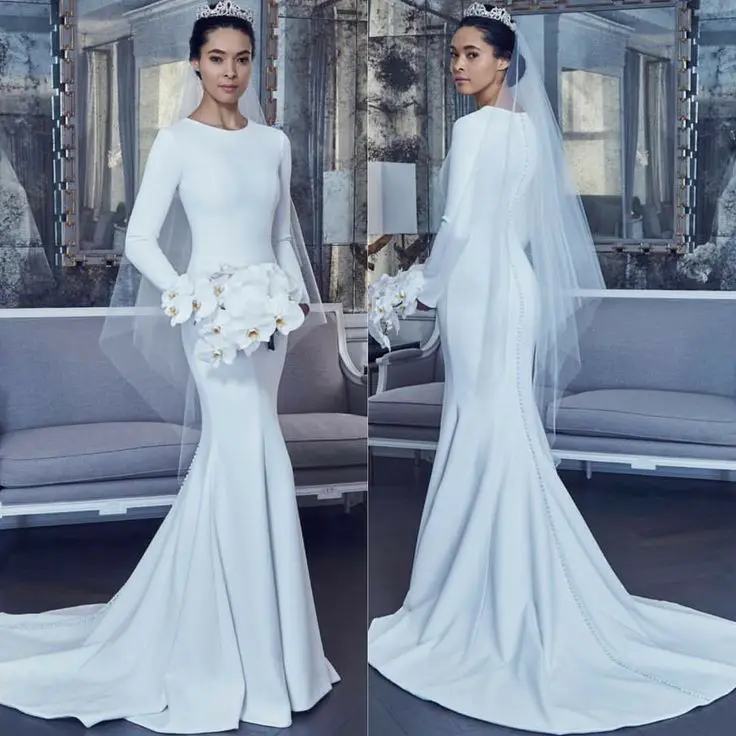

Elegant O-Neck Long Sleeve Satin Wedding Dresses New Simple Pleated White Sweep Train Mermaid Bridal Gowns for Women