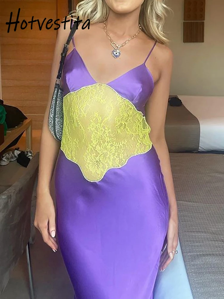 

Hotvestita Sexy Satin Patchwork See Through Lace Slip Dress Backless Bodycon 2022 Summer Women Party Club Mermaid Maxi Dresses