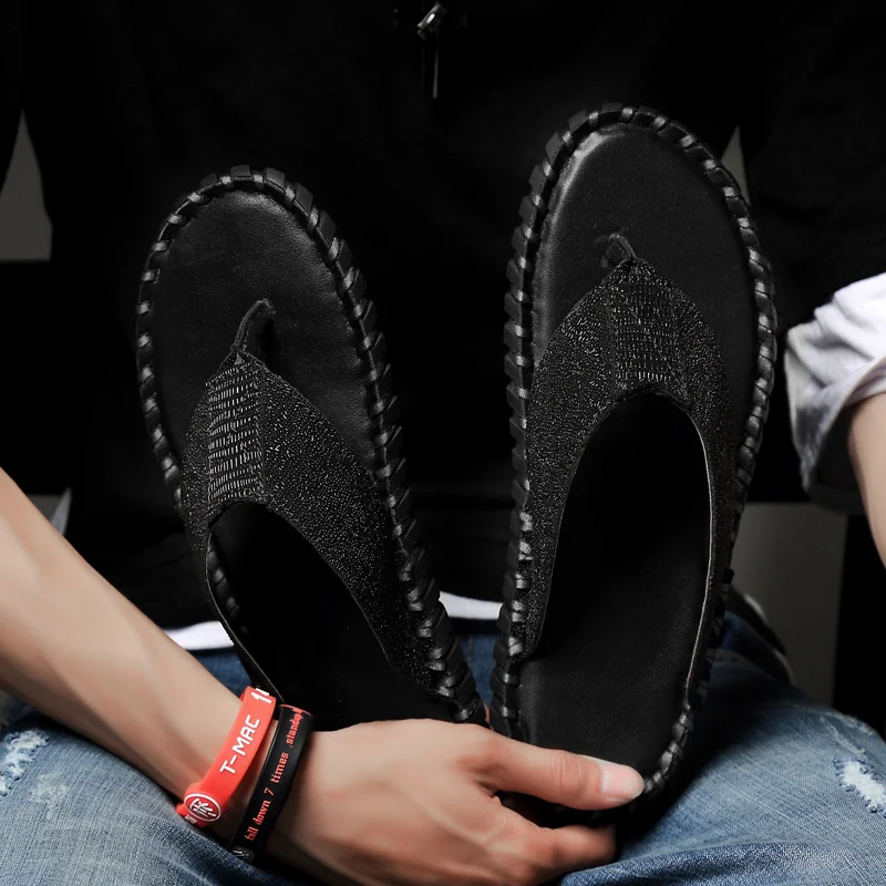 Leather Handmade Genuine Luxury Slippers Men Summer Fashion Mens Flip Flops Beach Outdoor Slippers Comfortable Men's Flip-Flops