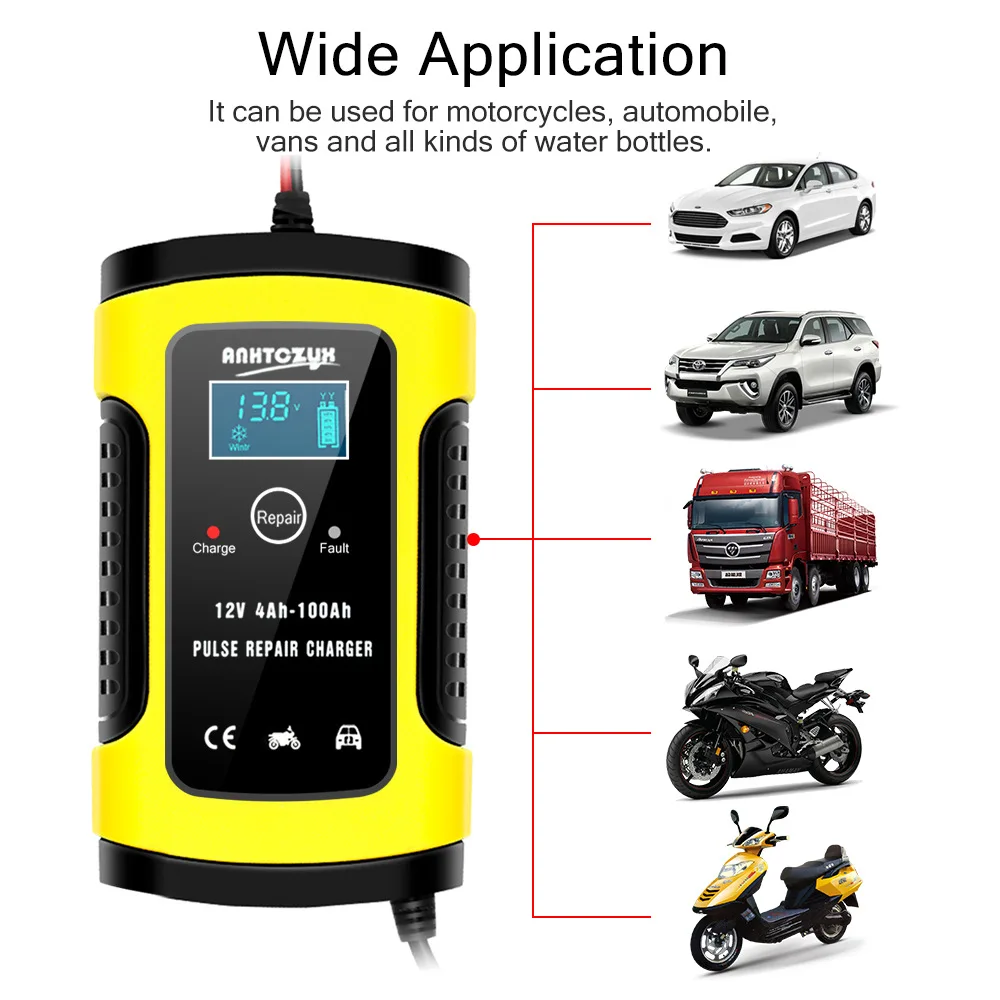 

Car Dry Lead Acid Battery Charger 12V6A Full Automatic Intelligent Pulse Repair Replenisher Auto Parts Tools Digital LCD Display