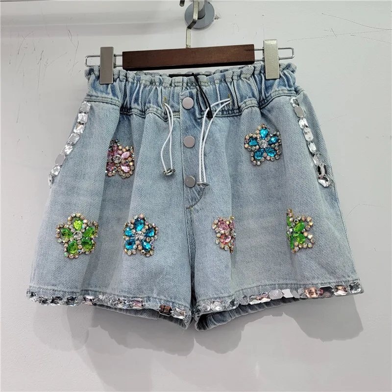 Summer New Heavy Handmade Flower Rhinestone-Embedded Elastic Short Pants High Waist Loose Slimming Denim Wide Leg Shorts