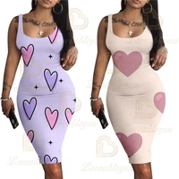 footprints heart shaped printed sleeveless slim vest dress women sexy party dresses o neck backless female casual robe