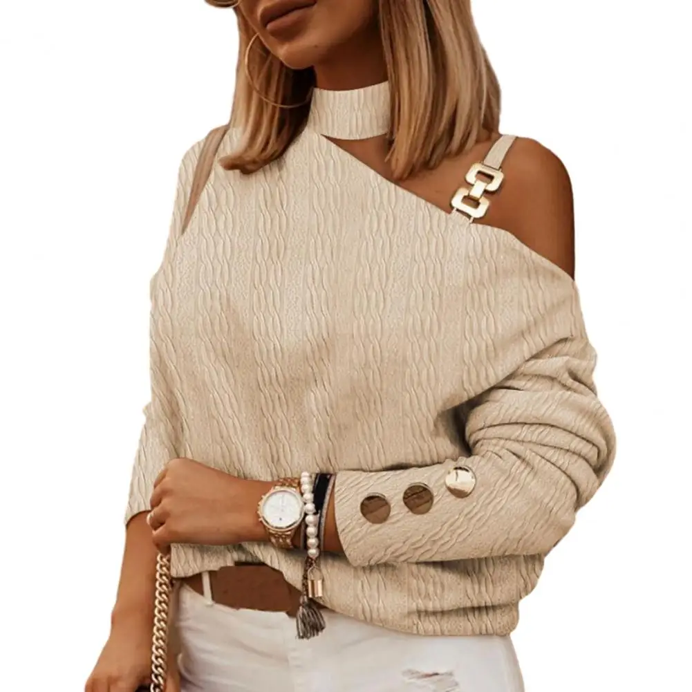 

Solid Color Top Chic One-shoulder Women's Tops Hollow Out Halter Neck Button Decor Soft Loose for Fall Spring Fashion Long