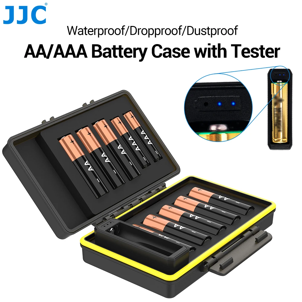 JJC ديلوكس AA/AAA بطارية حامل الصندوق مع جهاز اختبار بطارية Weterproof هارد شل المنظم ل 8 AA و 2 AAA/14500 بطاريات