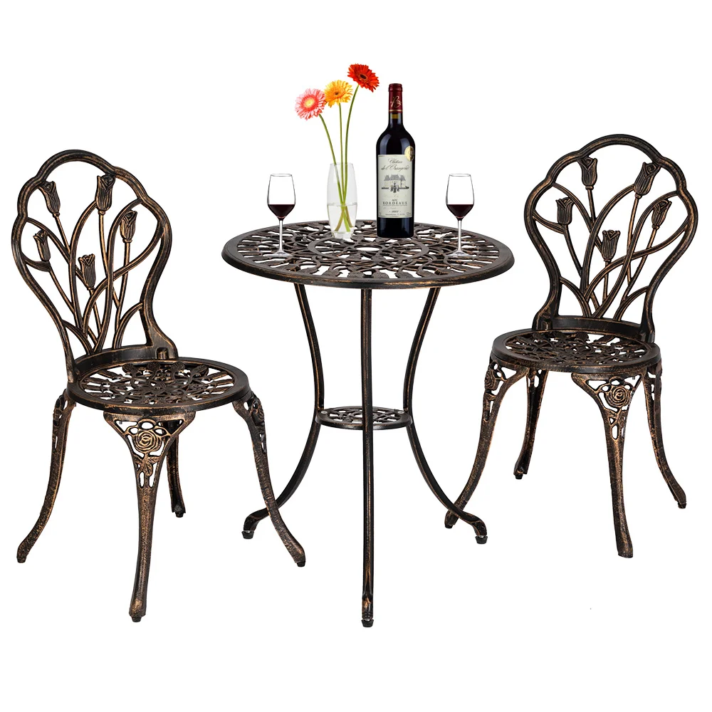 

Outdoor Furniture Set European Style Cast Aluminum Outdoor 3 Piece Tulip Bistro Set of Table and Chairs Bronze 60 x 60 x 67.5