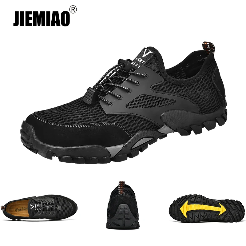 JIEMIAO Outdoor Men Hiking Shoes Summer Mesh Breathable Male Sneakers Trekking Trail Climbing Training Sports Shoes Size 38-46