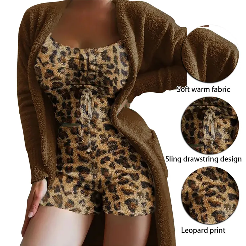 Women Fluffy Pajamas Leopard Autumn Winter Homewear Women'S Plush Velvet Crop Tops+Shorts+Cardigans 3 Pieces Suit Casual Pyjamas
