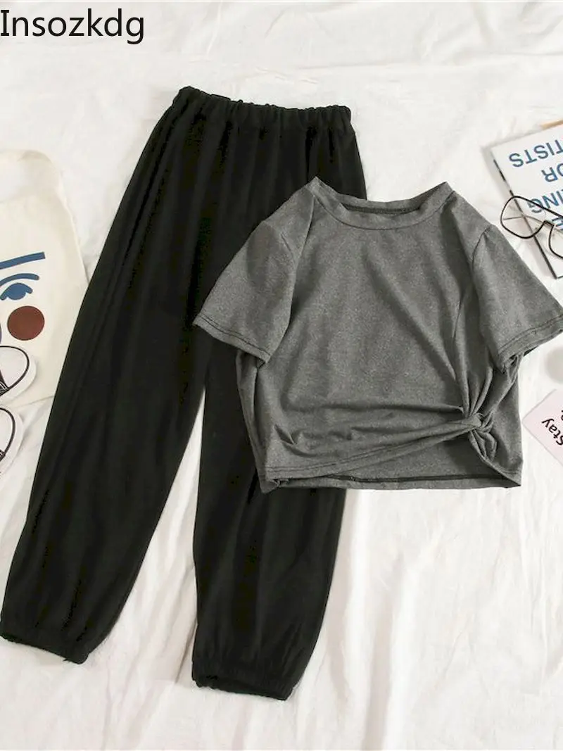 

Женский костюм Insozkdg из футболки в Корейском стиле и широких брюк с высокой талией, однотонный комплект из двух предметов, женские укороченн...