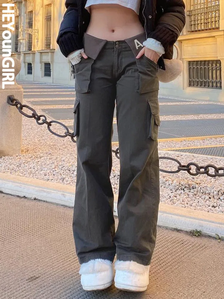 

HEYounGIRL Fashion Women Low Waist Cargo Jeans With Pocket Streetwear Vintage Y2K Casual Harajuku Denim Pants Summer Trousers