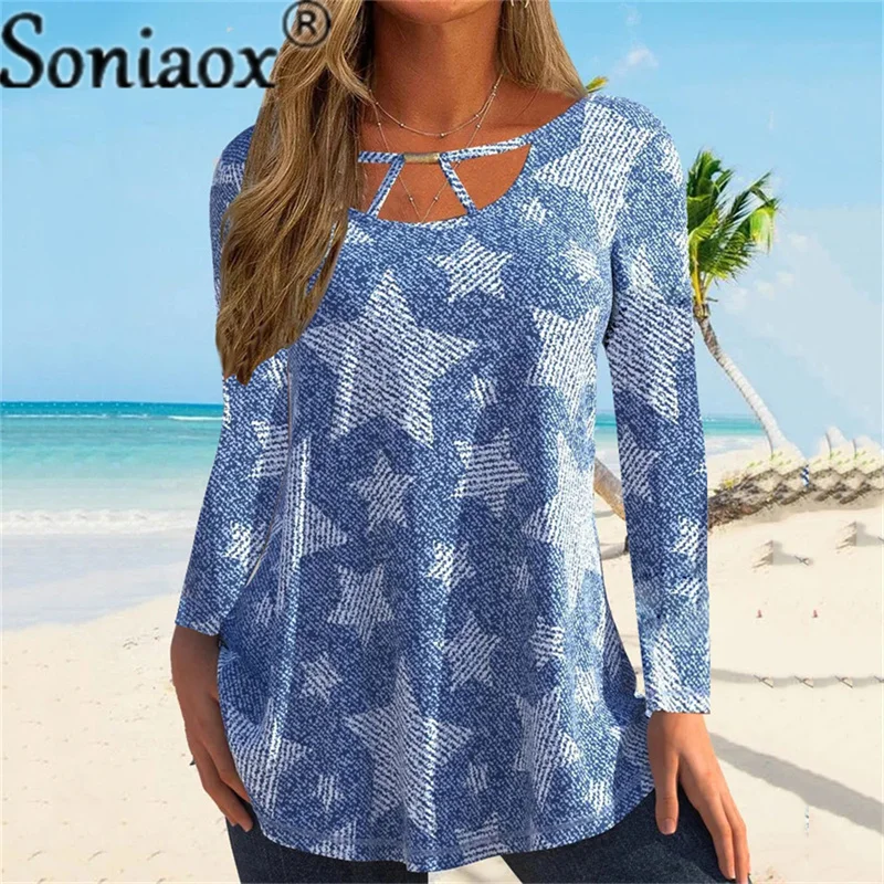 

Women Long Sleeve Casual T-Shirt 2022 New Autumn O-Neck Hollow Out Star Print Loose Top T-Shirt Fashion Lady Harajuku Streetwear