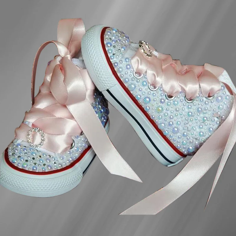 

High top casual sneakers Lace lace-up handmade custom canvas shoes Pearl rhinestones men and women plus size 35-46
