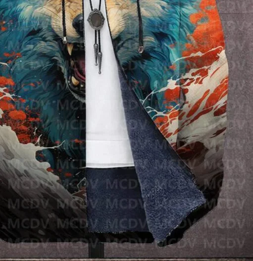 Мужская Флисовая Куртка с капюшоном и принтом волка длинным рукавом