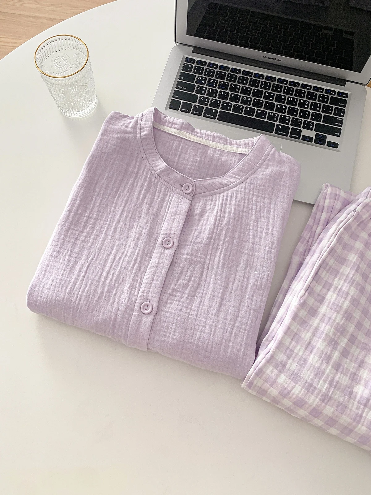 Японская мода клетчатая пижама без принтов весенне-осенняя из чистого хлопка