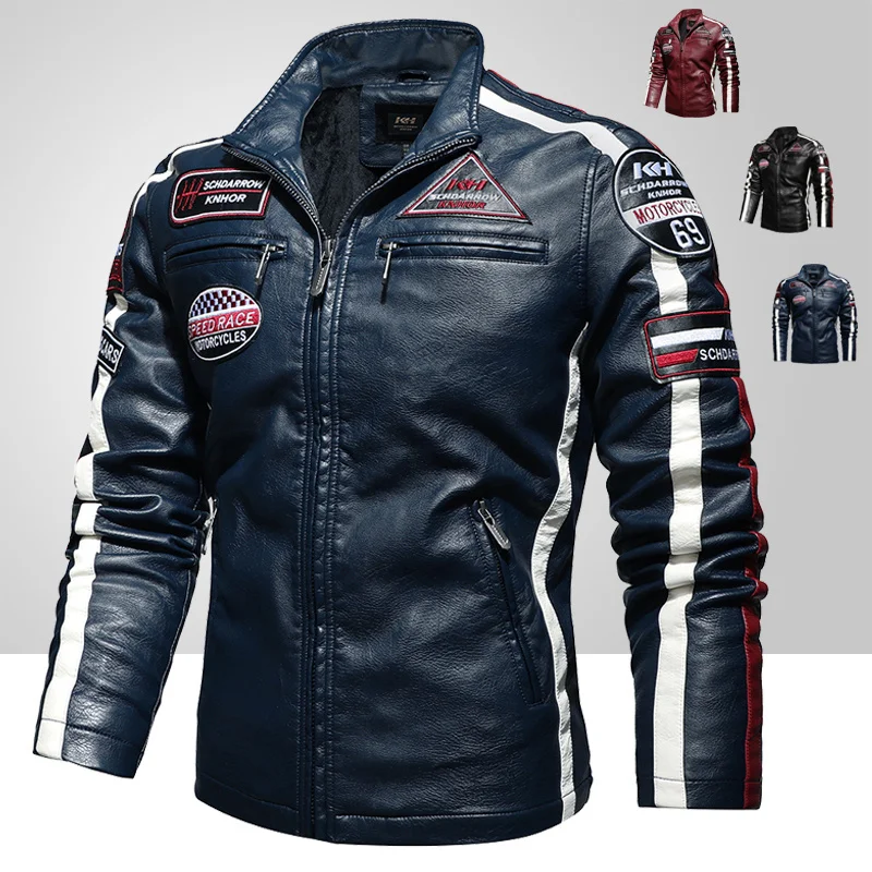 

Mens Vintage Motorcycle Jacket 2023 Men Fashion New Biker Leather Jacket Male Embroidery Bomber Coat Winter Fleece Pu Overcoat