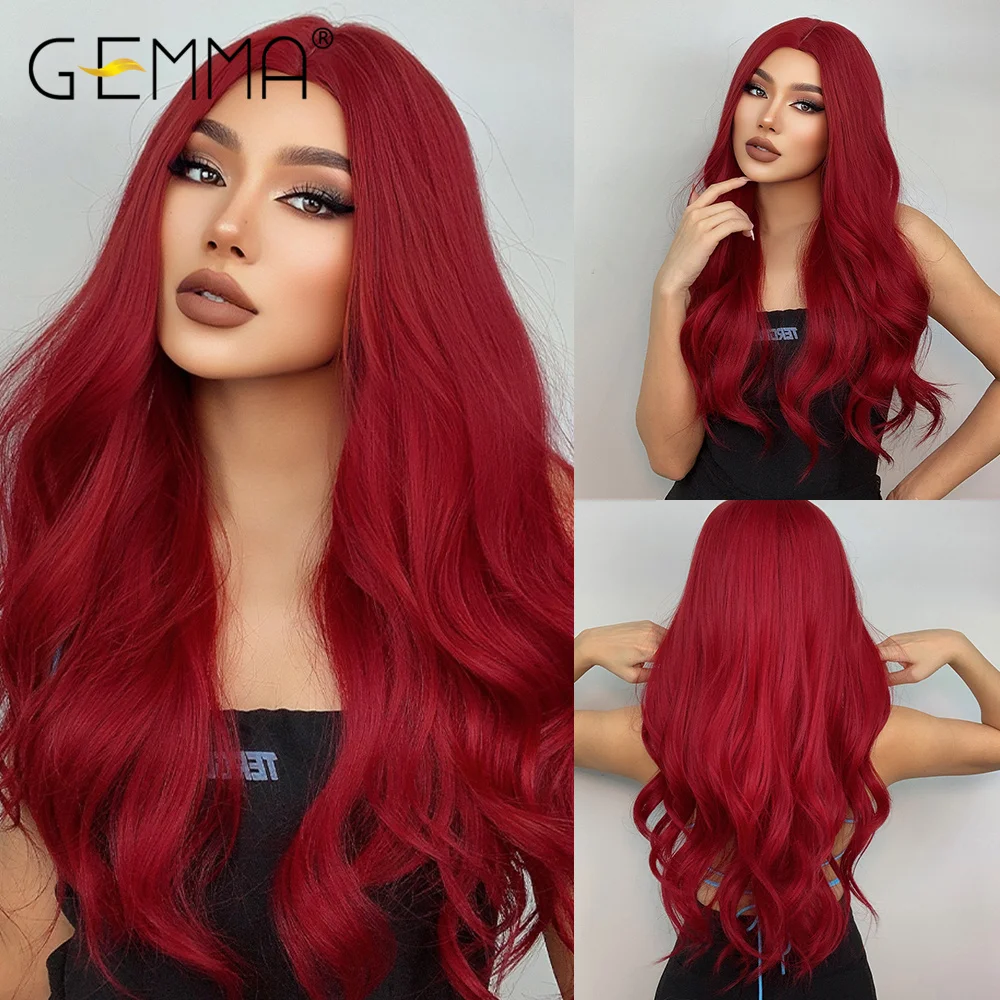 

GEMMA Long Red Wave Synthetic Wigs for Black Women Natural Middle Part Colorful Wig Cosplay Daily Wig Heat Resistant Fiber