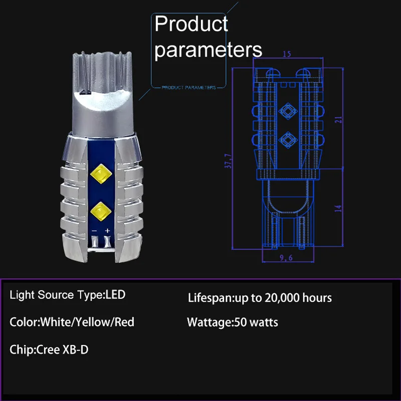 2pcs Super Bright T15 912 W16W 921 LED Bulbs CREE XB-D 12SMD Amber Yellow White Red Turn Signal Brake Backup Reverse Lamp - купить по