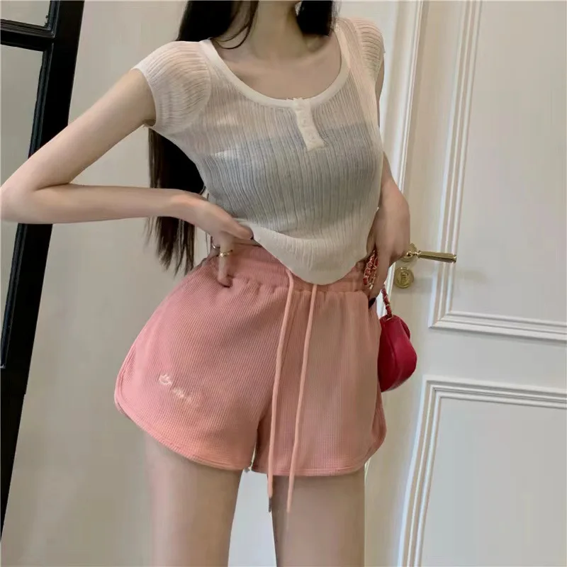 Women Waffle Shorts Casual Loose Letter Embroidery Ladies Shorts Korean Fashion All-match Wide Leg Hot Pants Female Sports Short