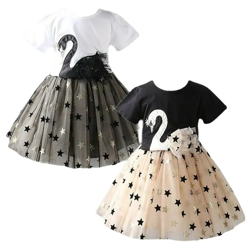 

Весенне-летний комплект одежды для маленьких девочек, костюмы для девочек, футболка с лебедем, юбка-пачка, бальное платье, сетчатый наряд пр...