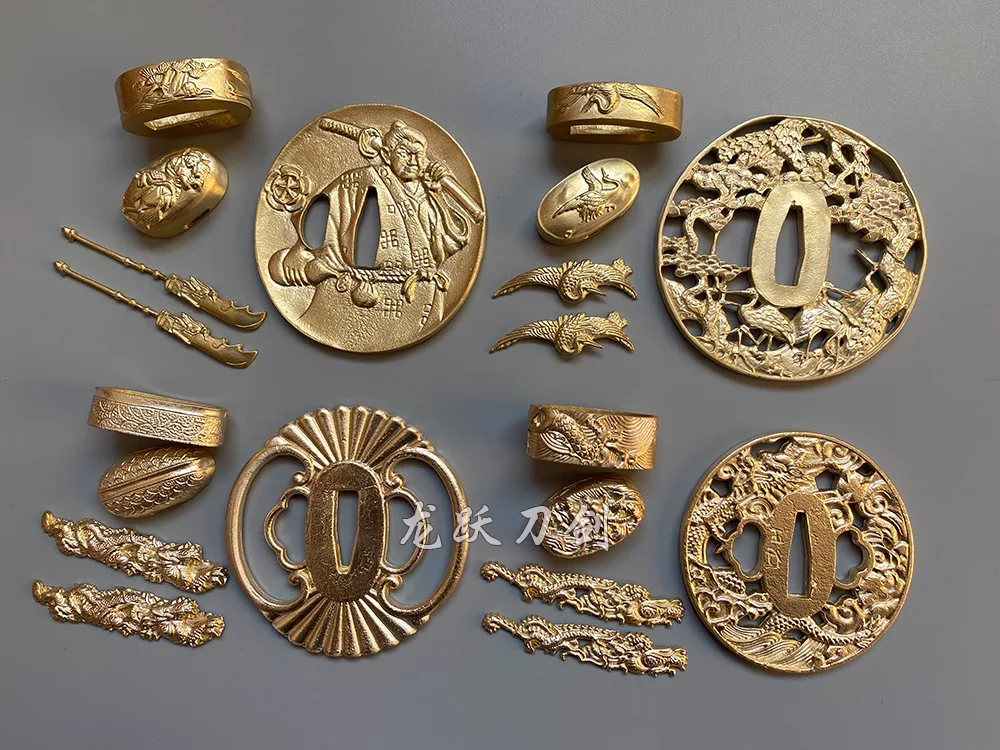 Фото Полный яркий медный латунный набор аксессуаров Tsuka Tsuba Fushi Kashira Menuki для японского самурая Катана Меч №3