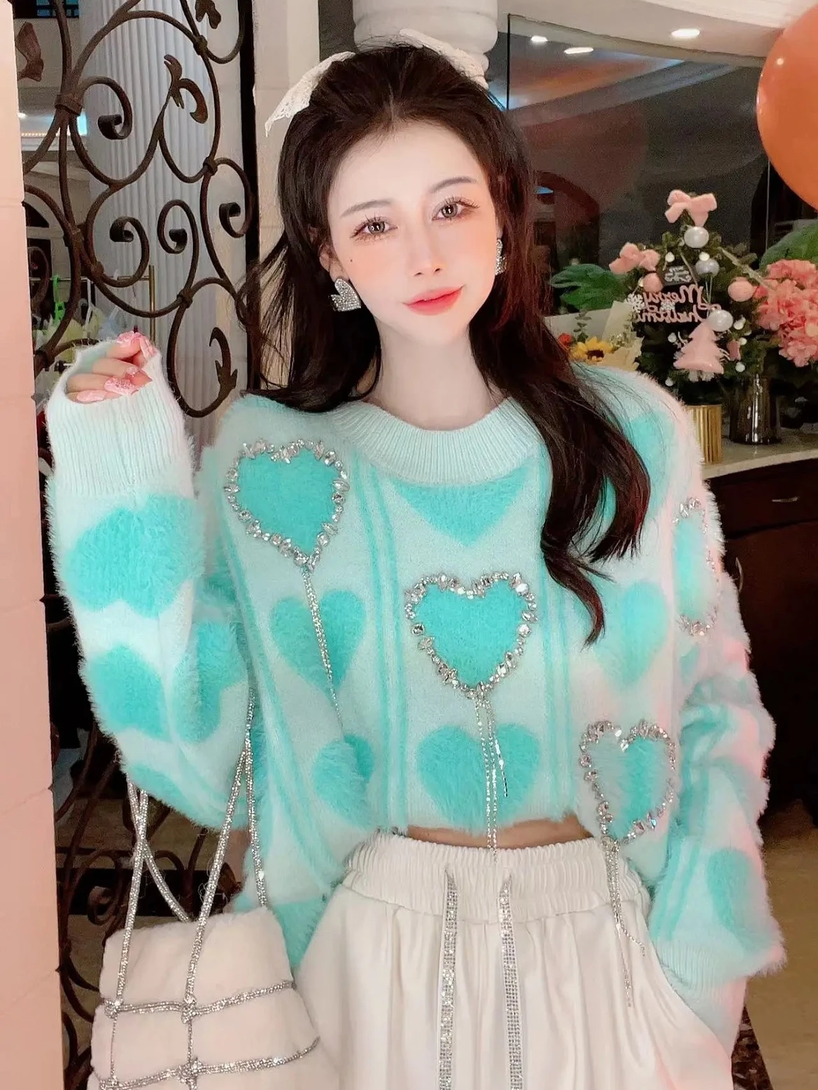 Heavy Work Hot Drilling Sweater Women Autumn Winter Round Collar Long Sleeve Love Heart Pttern Loose Knit Pullover Top q24