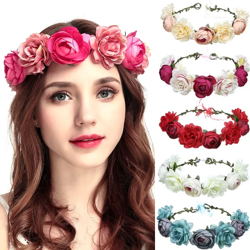 

Fashion Imitation Rose Flower Crowns Wreath Wedding Bride Elegant Headpiece Beach Hairband Women Bohemian Hair Accessories