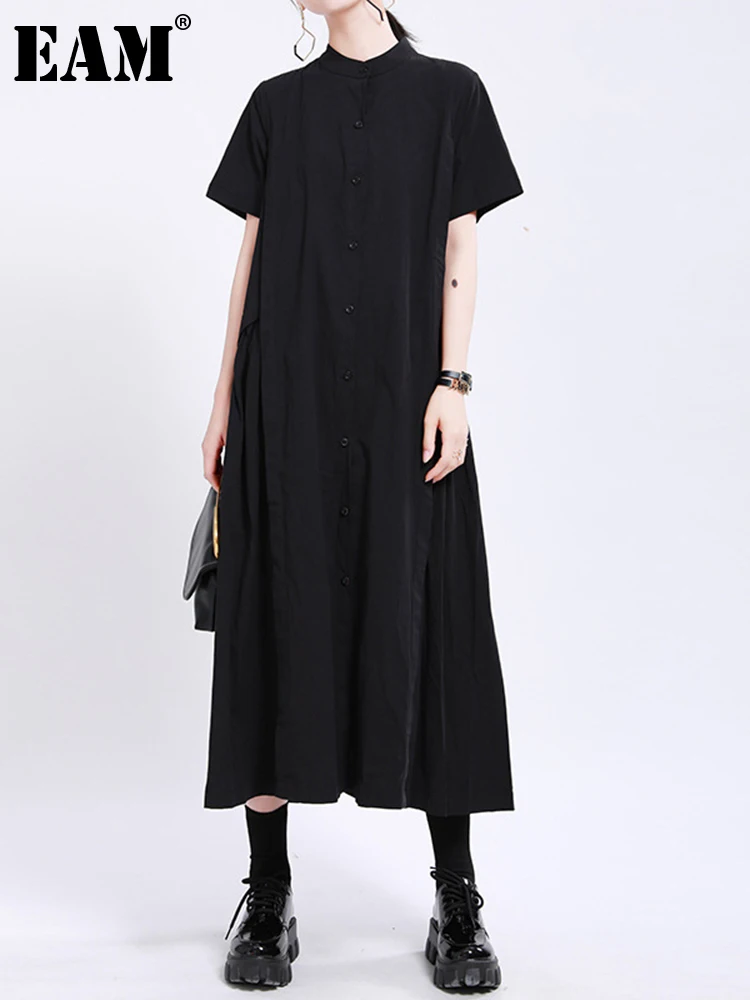 

[EAM] Women Army Green Pleated Long Dress New Stand Collar Short Sleeve Loose Fit Fashion Tide Spring Summer 2022 1W19