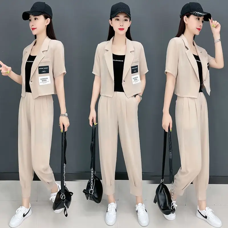 Korean Style Slim Fitting Short Sleeved Jacket Casual Cropped Pants Two-piece Elegant Women's Pants Set Office Outfits Clothes