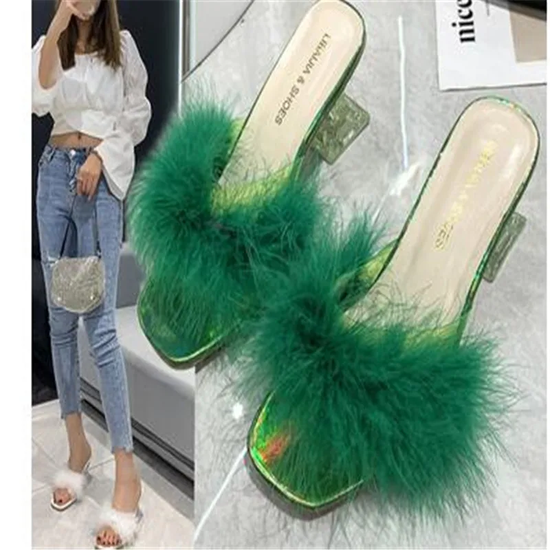 

Feather Slippers Transparent Strange High Heels For Women Fashion Clear PVC Square Open Toe Fur Sandals Heels Ladies Mules Slide