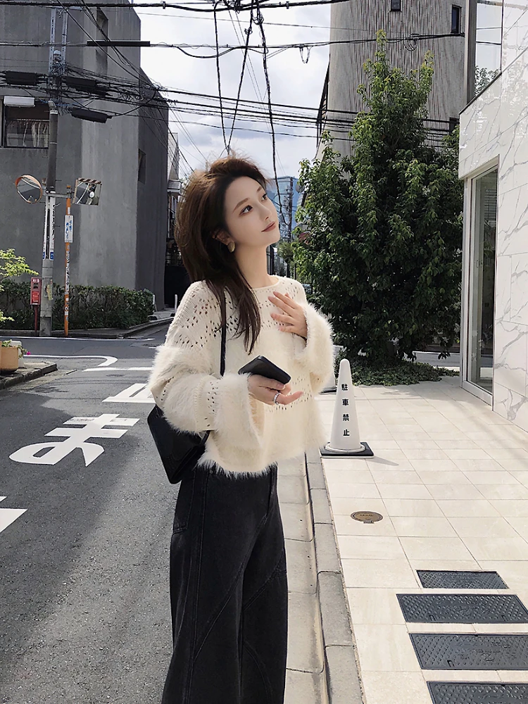 Ezgaga свитер женский с вырезом круглым пушистый лоскутный длинный рукав