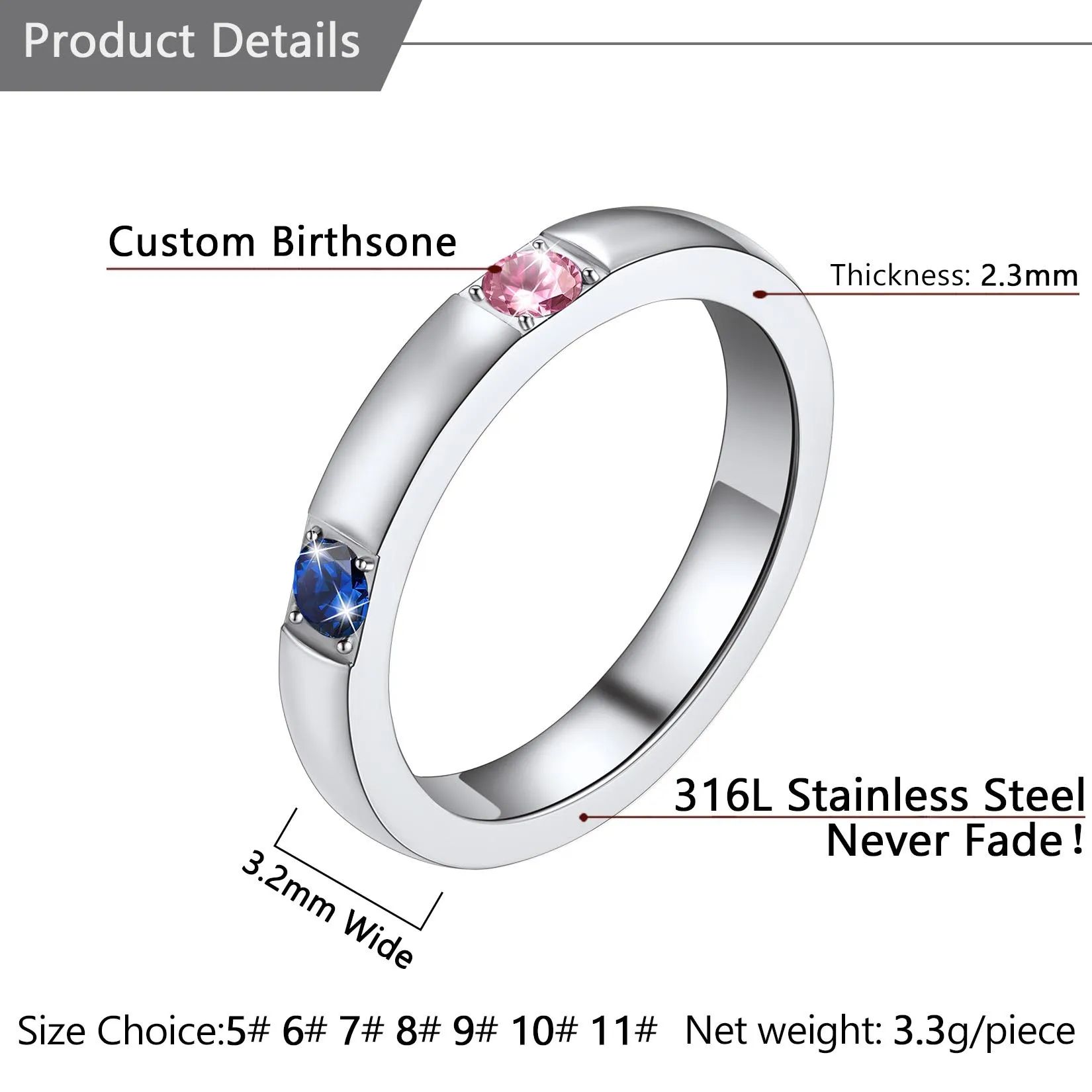 U7 Stainless Steel Personalized Birthstone Rings for Woman Man 18K Gold Color 1/2/3pcs CZ Laser Engrave Name Custom Unisex Ring