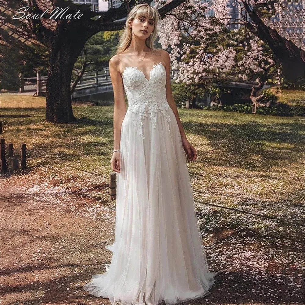 

Boho Appliques Tulle Wedding Dress For Women Bride Sweetheart A-Line Court Train Backless Illusion Bride Gowns Vestido De Novia