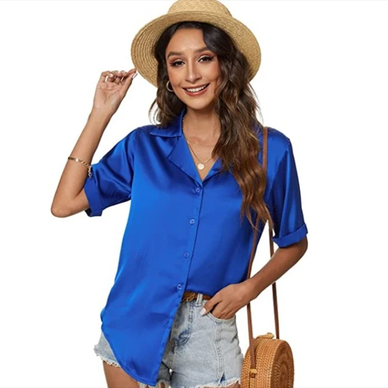 

2022 Casual Button Short Sleeve Silk Women's Shirt Summer Satin Blouse Notched Office Lady Solid Loose Blouses Women Tops 19931
