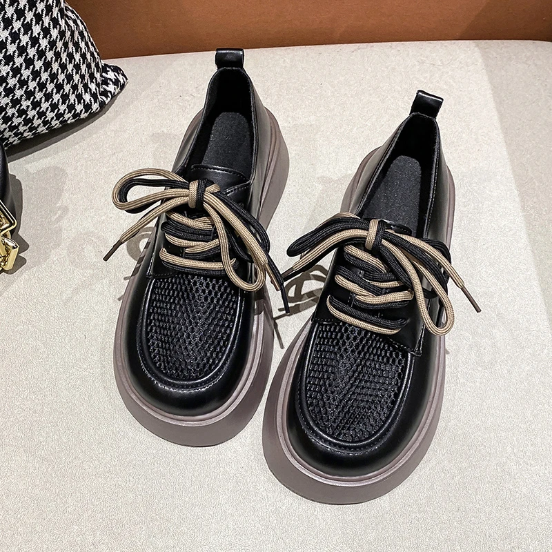 

British Style Single Shoes Women Spring New Lace-up Thick Bottom Hollow Breathable Leather Cake Loafers