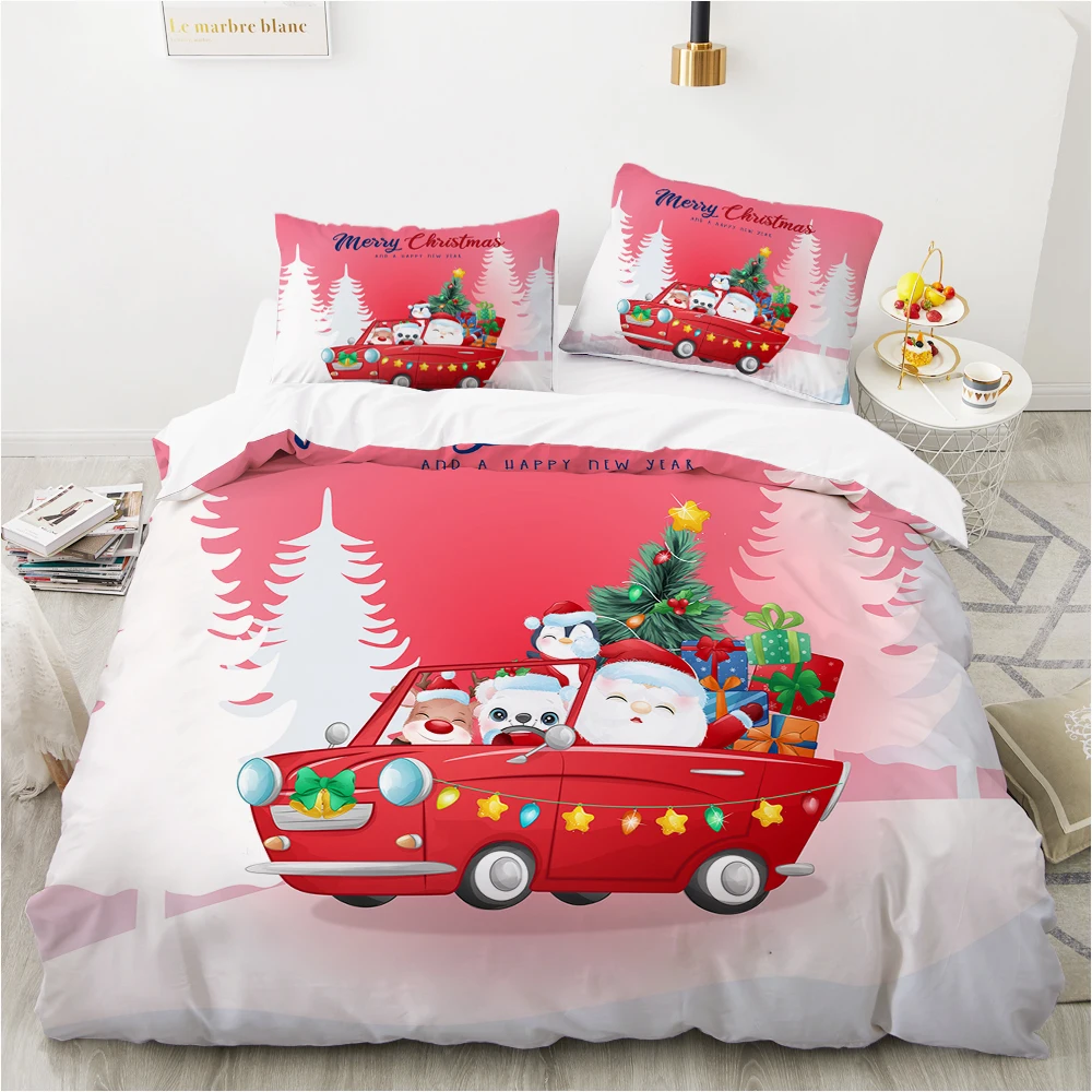 

Merry Christmas King Queen Duvet Red Cartoon Santa Car Animals Bedding Set for Children Boy Girl Happy Holiday Theme Quilt Cover