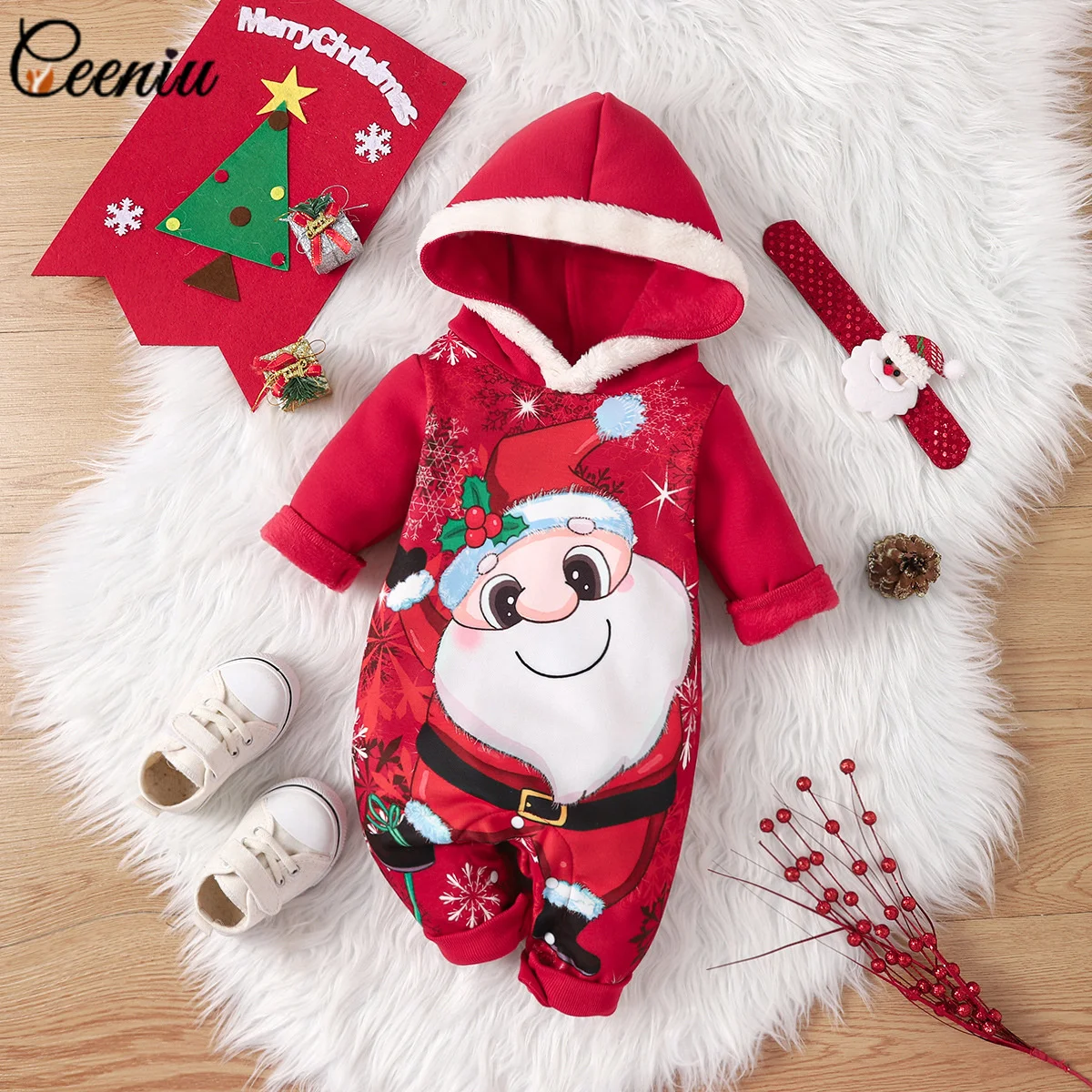 

Ceeniu 0-18M Baby Christmas Costume Red Santa Winter Romper Thicken Fleece Jumpsuit For Babies My First Christmas Baby Clothes