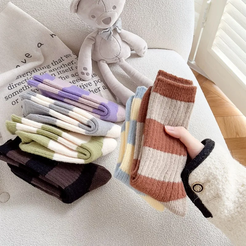 Casual New High Quality Wool Socks Set 6 Pairs Female Simple Striped Patchwork Warm Winter Socks Lots for Women Gift