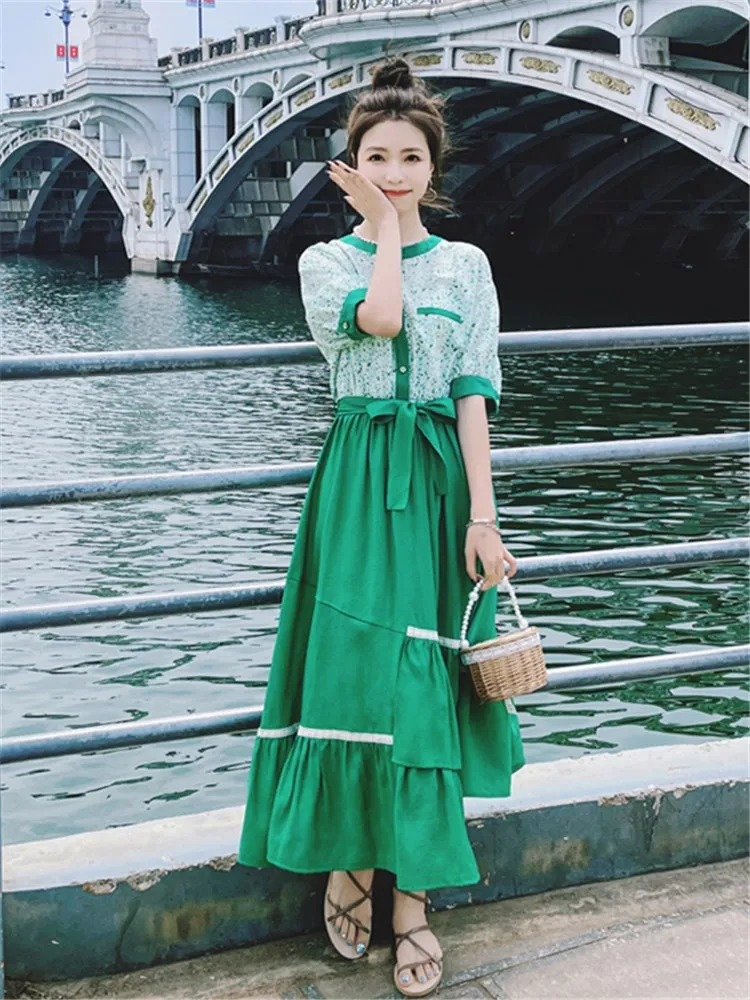 

Elegant Fashion Floral Spliced Ruffles Long Dress for Women 2022 Summer Short Sleeve O-neck Korean Slim Bandage Dresses 2390