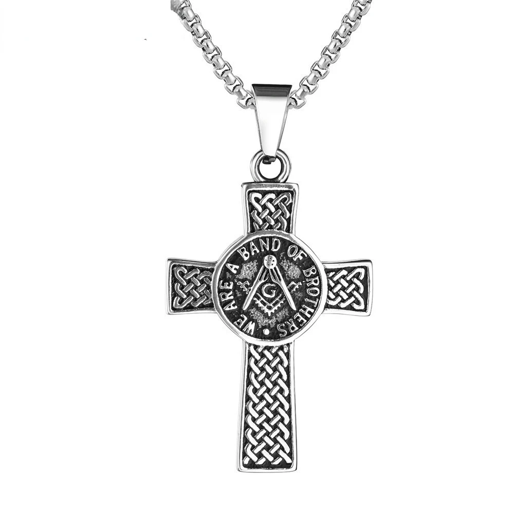 

Vintage Masonic Cross Pendant Necklace Retro Stainless Steel Chain with 24Inch Men Punk Jewelry